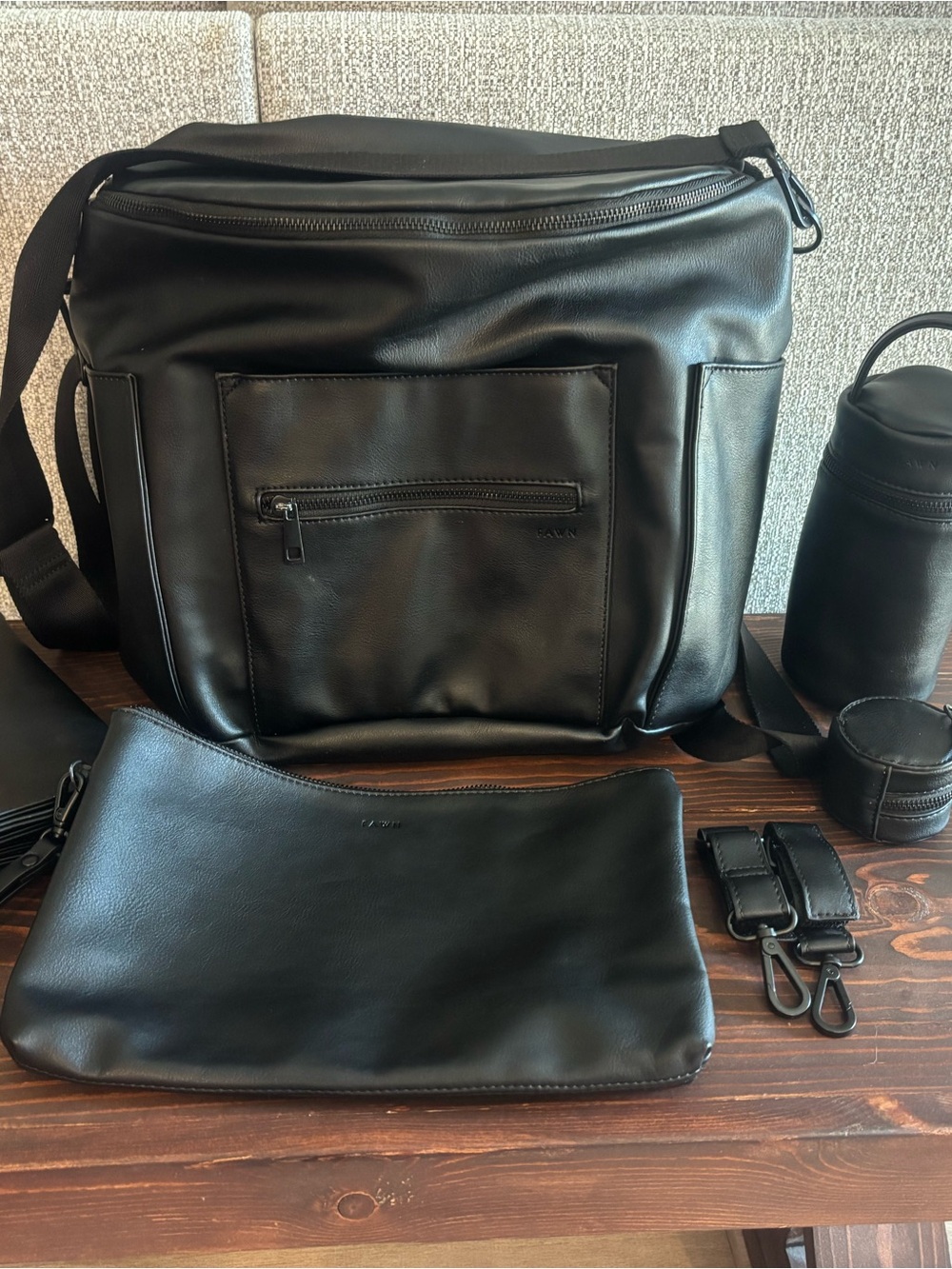 Fawn Design Black Leather Baby Bag with Accessories